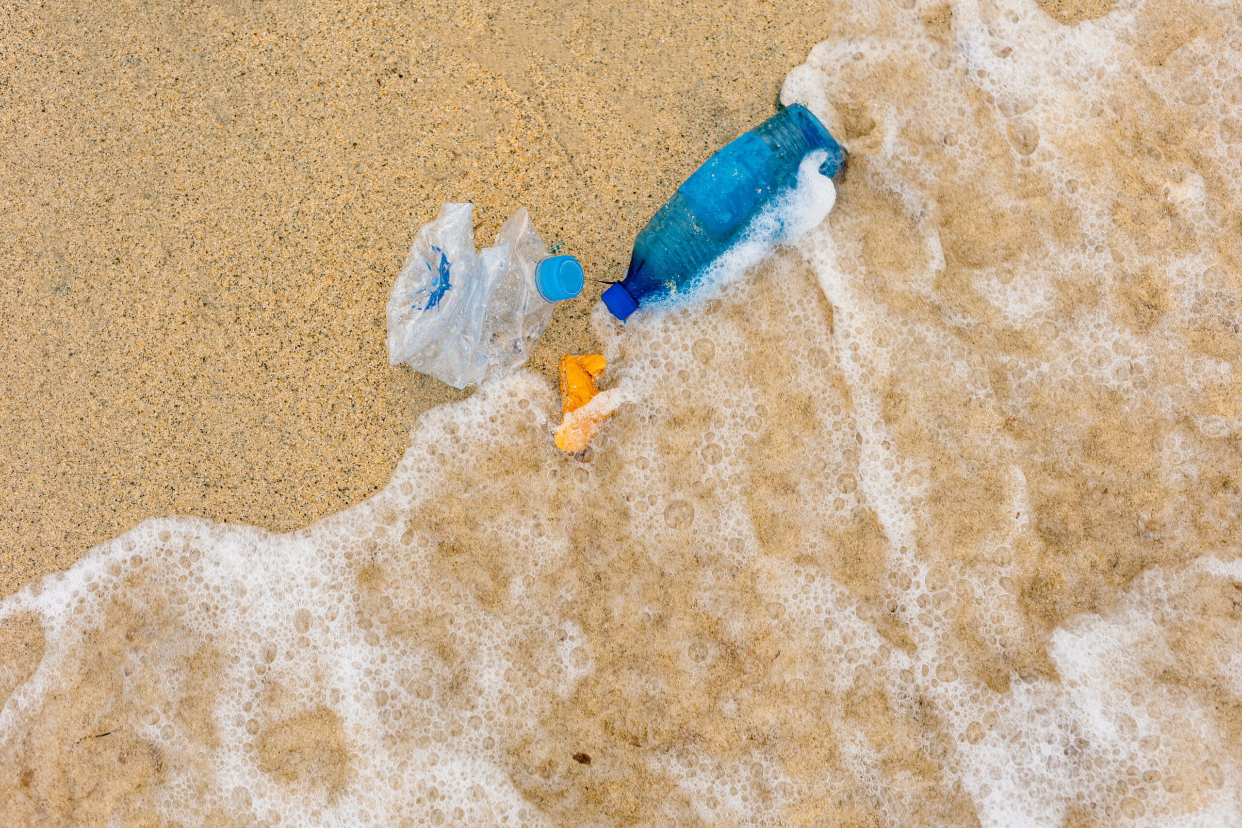 coastal water quality monitoring Florida - Plastic debris floating in ocean water, highlighting the environmental problem and