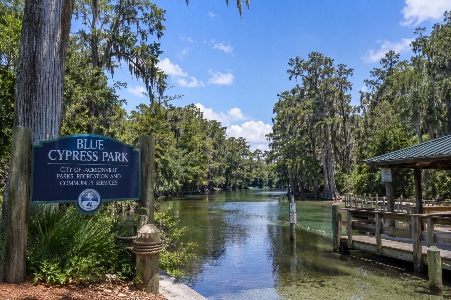 Volunteers gather at Blue Cypress Park cleanup Jacksonville, collecting trash and debris by a riverside on a sunny day.