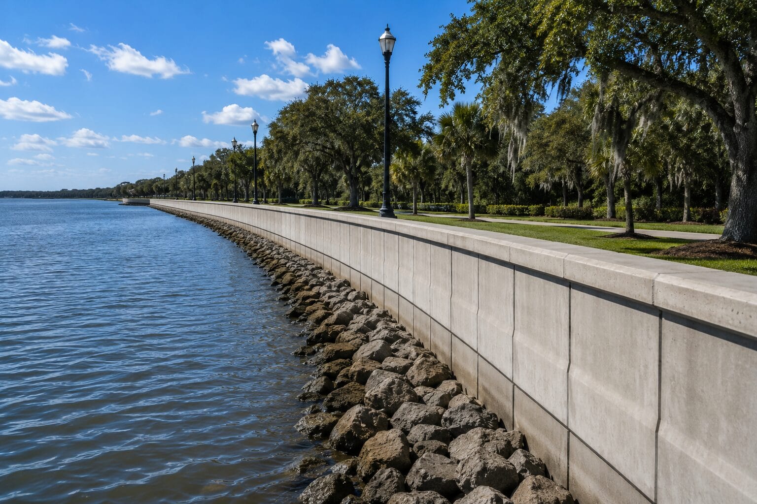 Fernandina Beach seawall funding project site with construction workers and machinery along the shoreline.