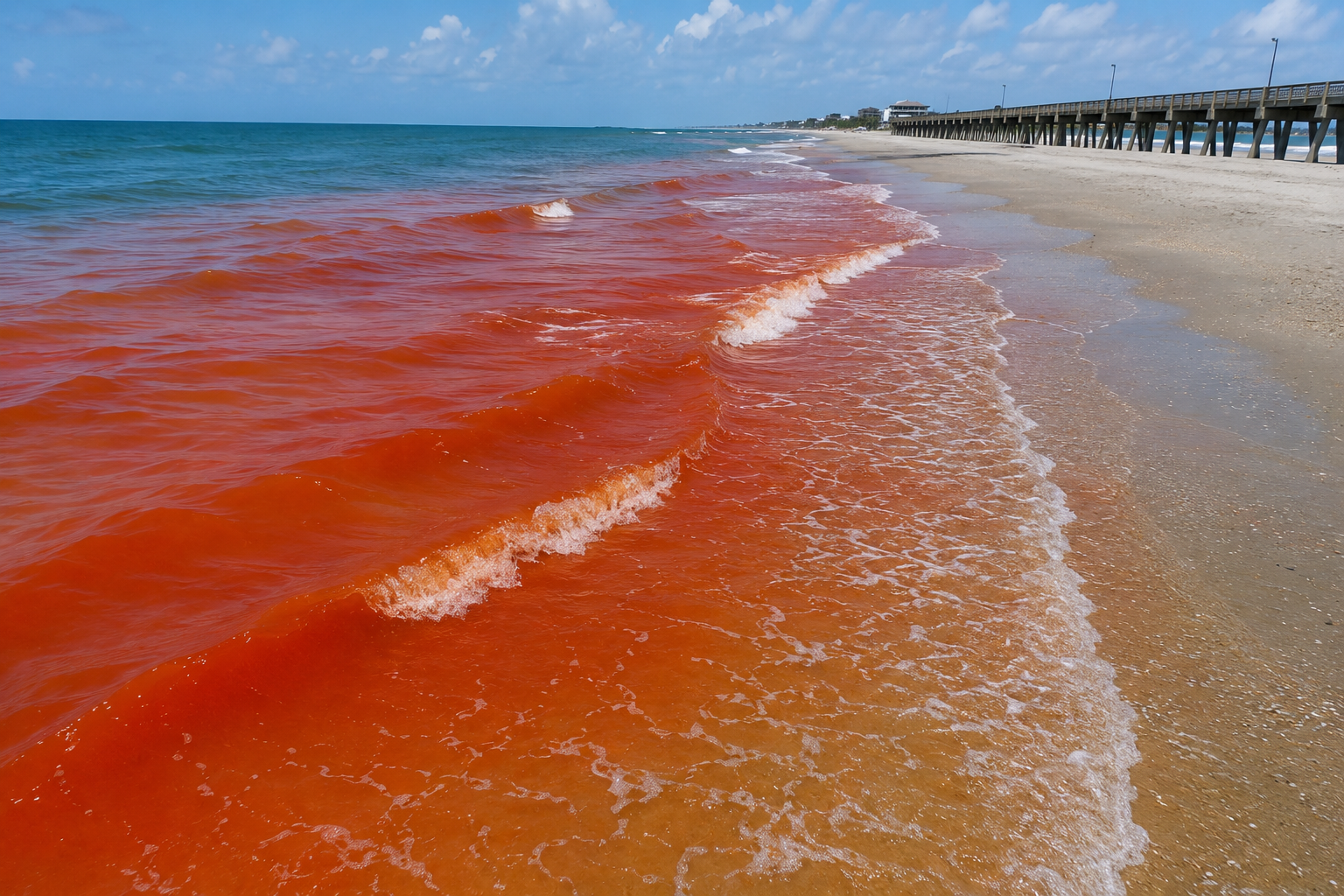 Sunset over ocean waves with a reddish tint, possibly indicating red tide near Fort George, under a partly cloudy sky.
