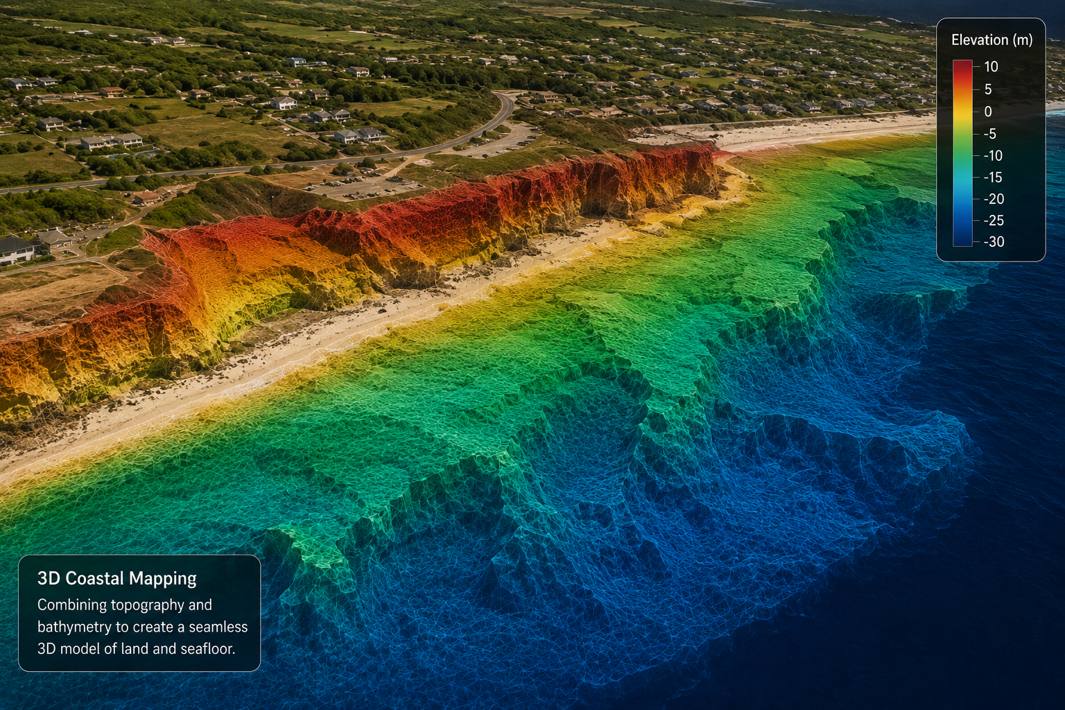 Aerial view of a coastline with detailed 3D mapping, illustrating expanding 3D coastal mapping techniques in action.